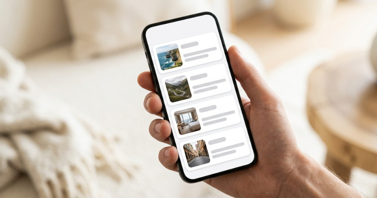 Roteiro de viagem personalizado aberto no celular de um cliente, com os dias da viagem empilhados em sequência, cada um com sua própria foto